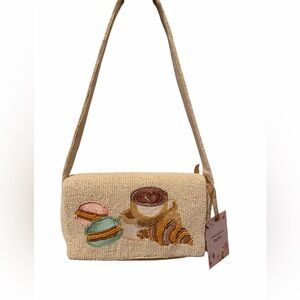 Handcrafted in India Macaron, Coffee and Croissant Beaded Shoulder Bag